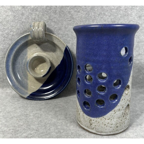 Pottery Candlestick Holder With Luminary Votive Shade Stoneware Blue Glaze 2 Pc - Picture 8 of 14